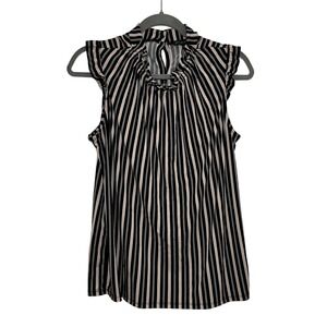 Adrianna Papell Womens Striped Ruffle Neck Sleeveless Blouse Black Tan Medium